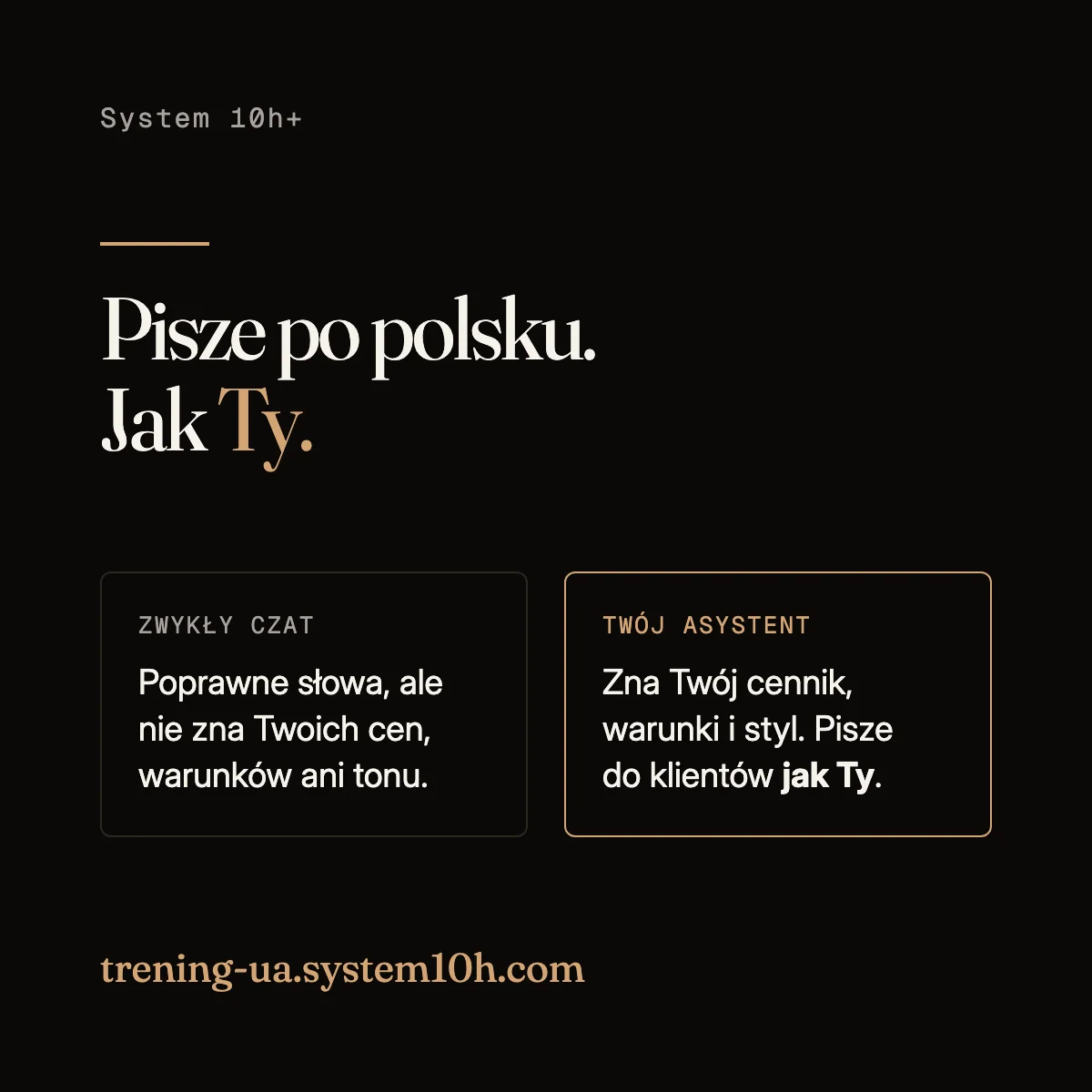 Pisze po polsku. Jak Ty. Zwykły czat: poprawne słowa, ale nie zna Twoich cen, warunków ani tonu. Twój asystent: zna Twój cennik, warunki i styl. Pisze do klientów jak Ty.
